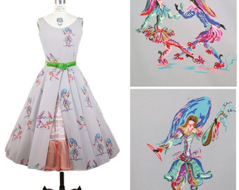 1950s Dress // Carnevale Masquerade Novelty Print Rayon Sleeveless Full Skirt Dress