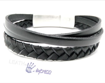 BLACK | Mens leather bracelet, leather wrap, braid bracelet, engraving embossing, personalized, stainless steel, friendship anniversary p832