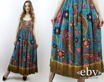 Hippie Dress Hippy Dress Boho Dress Bohemian Dress Festival Dress Fringe Dress 1970s Dress 70s Dress Floral Maxi Dress Psychedelic Dress XS
