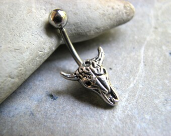 Buffalo Skull Belly Button Jewelry, Non Dangle Westen Skeleton Belly Button Ring, Buffalo Head Belly Bar Small Navel Ring