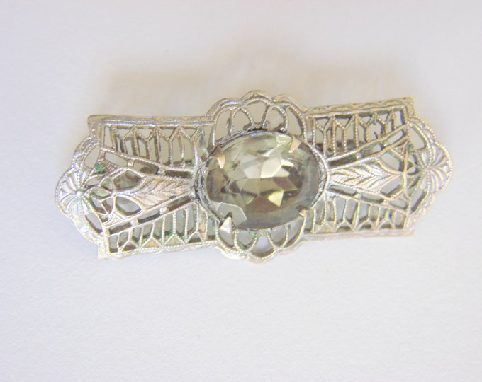 Antique 1930s Art Deco Filigree Smoky Green Faceted Glass Brooch Vintage Jewelry Jewellery