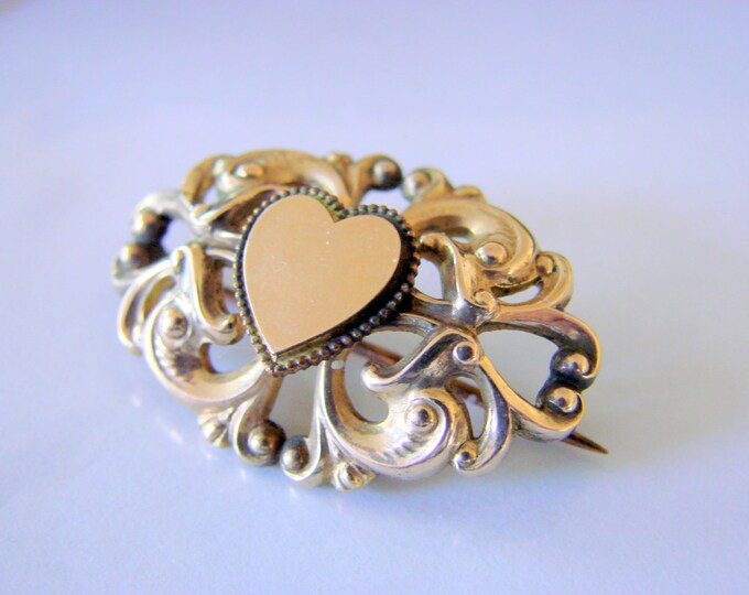 Victorian Ornate Gold Electroplate Brooch / Heart Motif / Some Gold Ornamentation / 1800s Jewelry / Jewellery