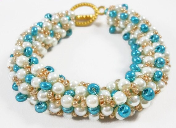 Handmade Beaded Bracelet Pearl Turquoise Gold
