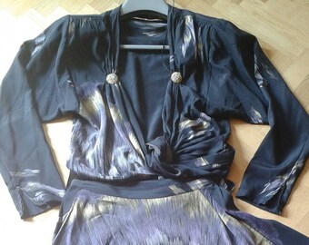 1980s Vintage PANCALDI & B. Crop Top and Wrap Skirt Set 2 piece dress - PEACOCK print, blue-black silk, S circa, 10 uk circa, 6 us circa.