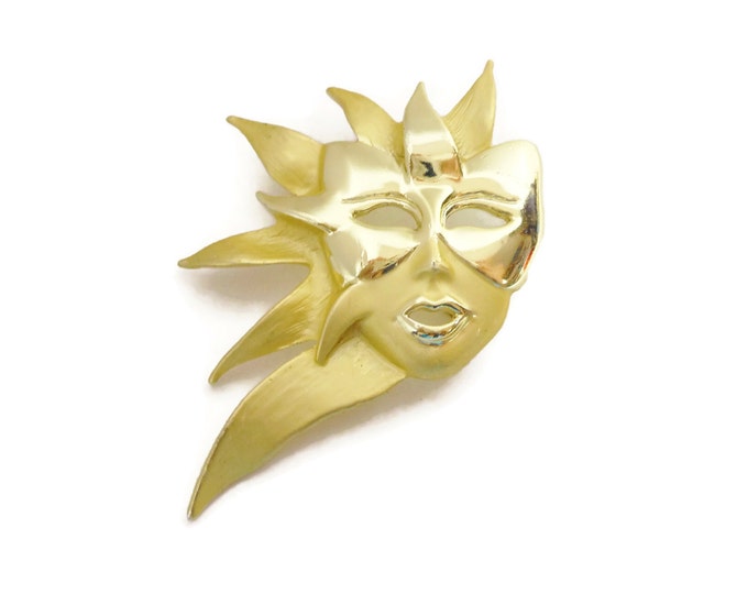 Venetian Mardi Gras brooch, shiny gold on matte gold finsh, feather half mask, Rio Carnival Brazil, Venice