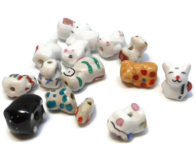Porcelain animal beads, 20 piece lot, including bear pigs dogs mice chicken owl , ceramic small beads, animal farm Kawaii beads