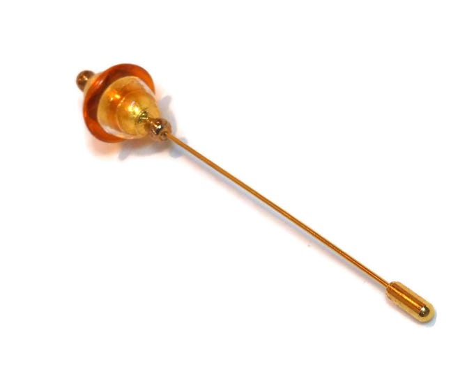 Long lampwork stickpin, 10k gold foil stickpin, hat pin, lapel pin, gold foil oval with brown ring, gold end caps with balls