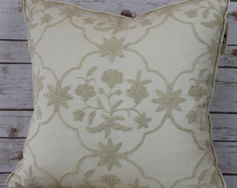 Floral Crewel Embroidered Pillow with Flange