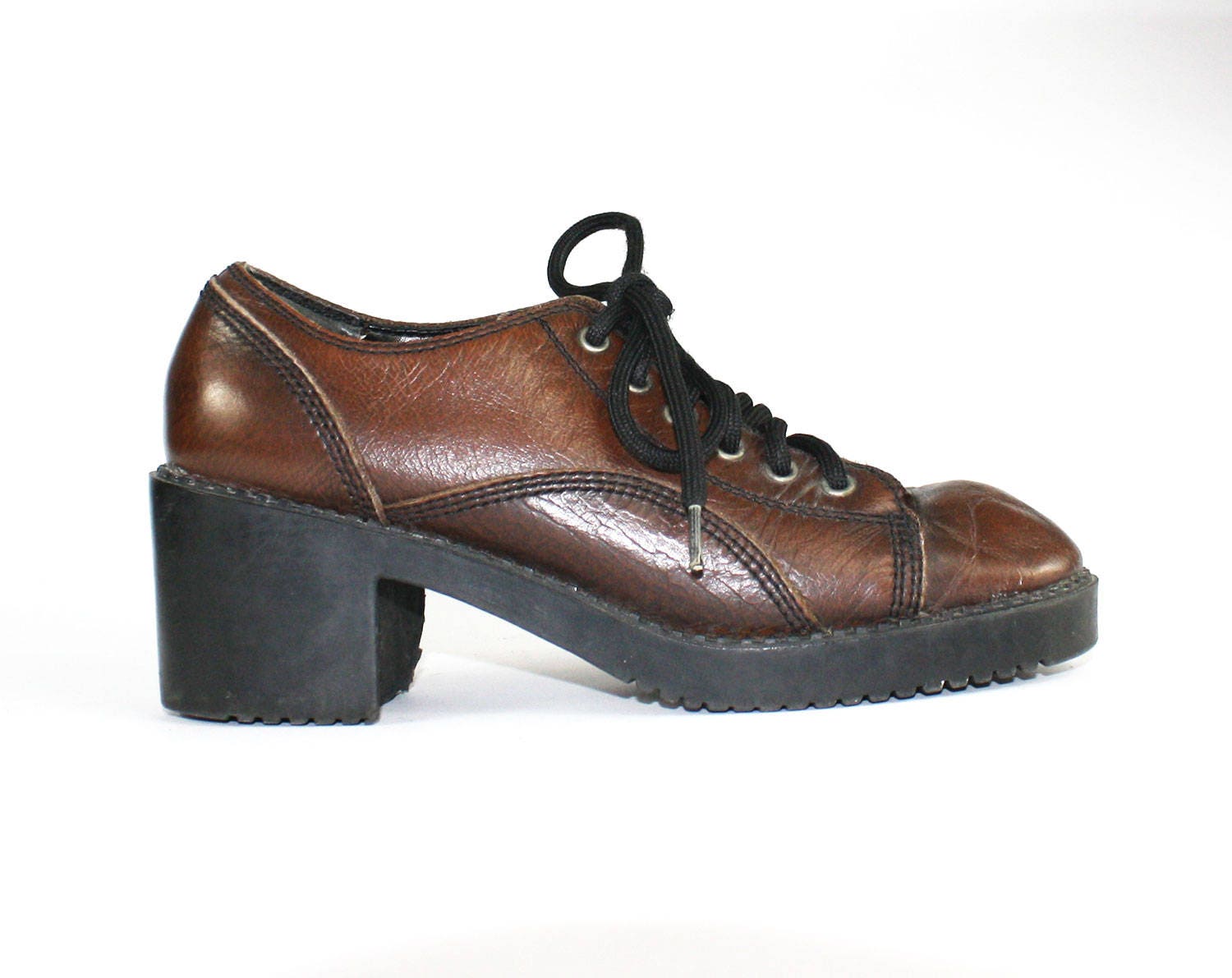 Womens Derby Shoes CHUNKY HEEL Brown Leather Derby TEXTURED