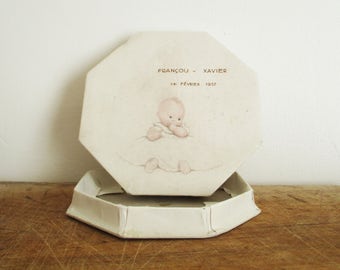 Antique french cardboard box, Paris 1937, Baptism, Boite carton ancienne, Baptême, France, Vintage home decor
