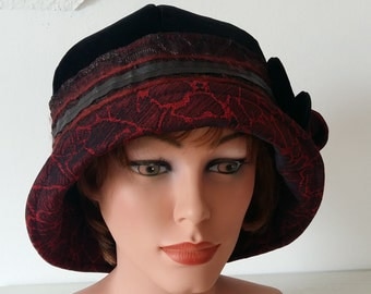 Cloche Hat Flapper Hat 20s 1920s Downton Abbey Black Velvet, BurgundyTafetta, Brown Lace, 23-23.5 inch