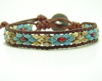 Picasso Super Duo Beaded Leather Wrap Bracelet, Southwestern Style Wrap, Blue Superduo Beaded Wrap Bracelet, Beaded Bracelet