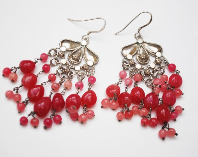 Red Chandalier Earrings - genuine Ruby red gemstone - sterling silver dangle hooks