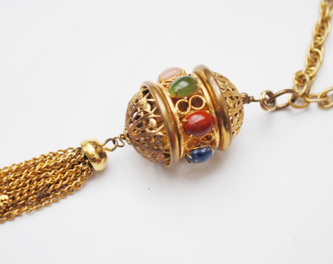 Gemstone gold tassel necklace - gold filigree open caged - sodalite tiger eye jade rose quartz carnelian