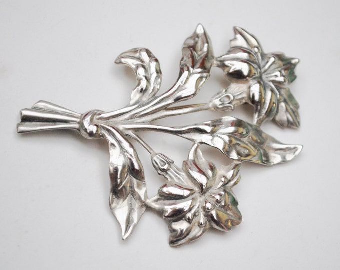 Sterling Flower Brooch - Signed Danecraft - Large Art Nouveau floral Silver pin - 29 grams