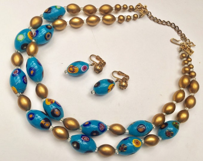 Hobe Bead Necklace and Earring set - Blue yellow gold - glass Beads - double strand - Clip on earrings