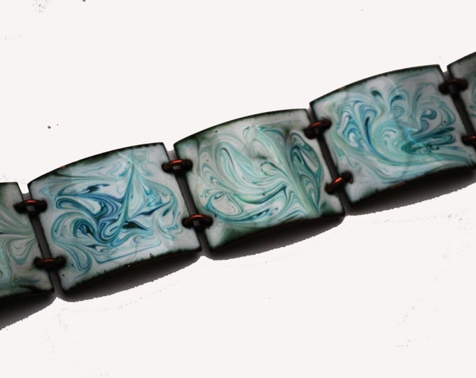 Copper Enamel Panel Bracelet - Blue green white marble enameling - Chunky Boho Link Bangle