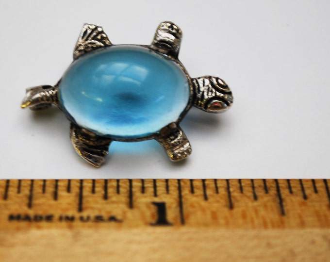 Turtle Brooch -Jelly belly - Blue Resin Cabochon - Silver plated - figurine pin