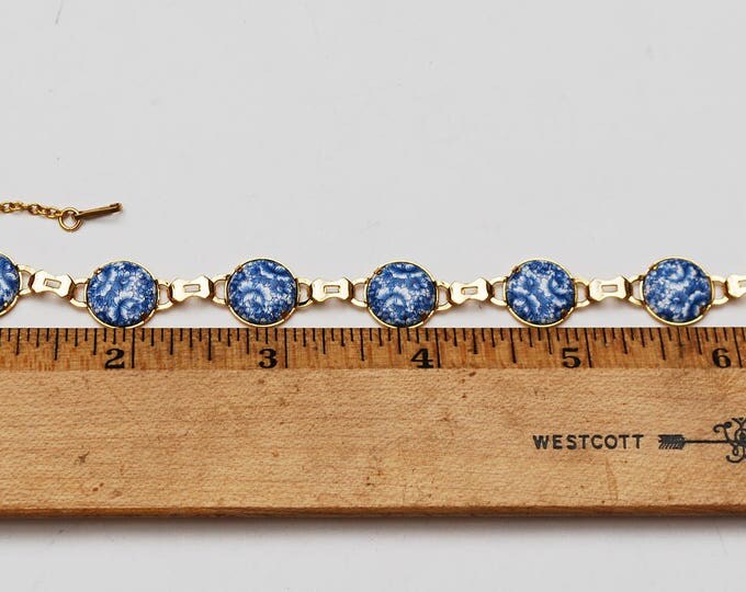 Blue white Flower Link Bracelet - Gold links - blue white Ceramic Floral painted - Tennis bracelet