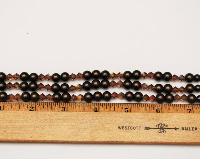 Multi strand Pearl Bead Bracelet -metallic brown pearls - AB crystals - boho - Gold