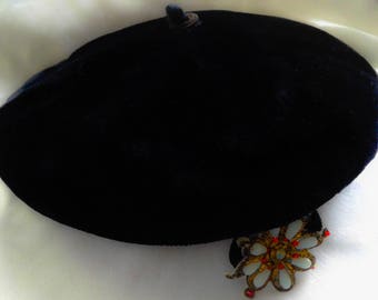 Black velvet Pill Box Hat with beaded flower FREE SHIPPING!!