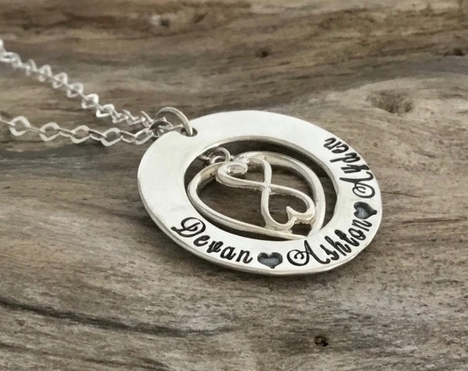 Personalized Infinity Necklace - Infinity Heart Necklace - Family Necklace - Mothers Necklace - Hand Stamped Jewelry - Name Necklace