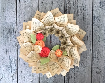 Spring Wreath, Music Wreath, Hymnal Pages, Felt Wreath, Coral & Peach Felt Flowers with Music Paper Flowers, 15"