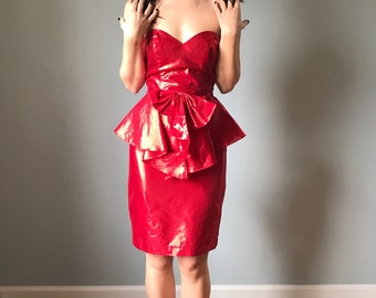 Vintage 80s Red Peplum Metallic Foil Va Va Voom Dress