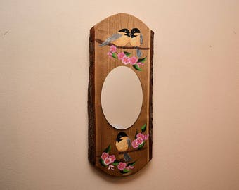 Log Mirror with Chickadees and Pink Cherry Blossoms, Rustic handpainted wood slice mirror