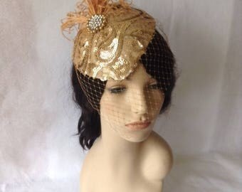 Vintage styled Champagne Sequined Feather Wedding Fascinator hat with birdcage veil, Kentucky Derby Fascinator hat, Women Church hat