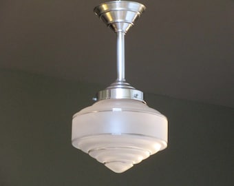French Art Deco SKYSCRAPER Light Fixture 1930s Clear and Acid Etched Glass - Great for Smaller Spaces- Authentic Fittings and Shade