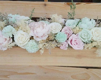 24" Sola Wood Flower Centerpiece arranged in Rustic Wood Box Large Wedding Centerpiece Blush Pink Mint Green With Dried Flowers