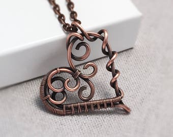 Copper Heart Necklace | Wire Wrapped Heart Pendant | 7th Wedding Anniversary Gift for Wife | Antiqued Copper Jewellery UK