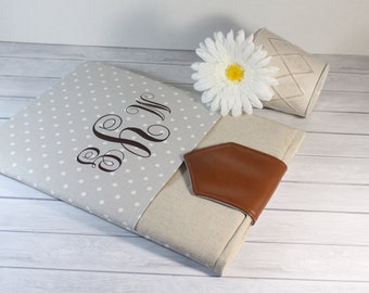 13 inch Personalized New Macbook Pro Case Padded Macbook Air Sleeve Monogram Laptop Case with Leather Tab Closure - Grey Polka Dots