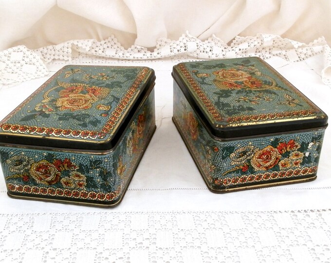 2 Vintage French Metal Cookie Tin / Sugar Cube Box with Floral Rose Flower Mosaic Style Pattern, French Decor, Matching Pair, Retro,, Alsa