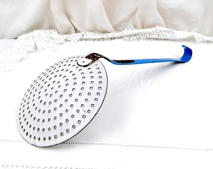 Antique French Blue and White Chippy Enamelware Strainer, French Country Decor, Kitchen, Cooking Utensil, Retro Home, Cooking, Egoutoir