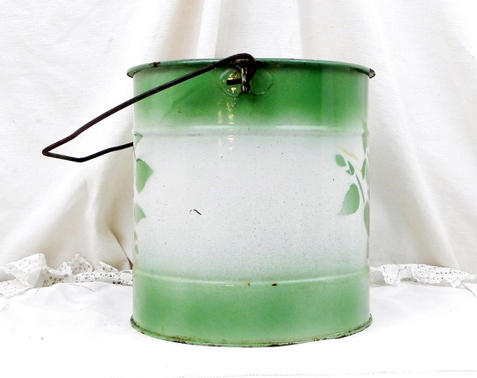 Antique French White and Green Enamel Bucket with Stenciled Rose Pattern, French Enamelware Country Decor Plant Pot, Shabby Cottage Chic