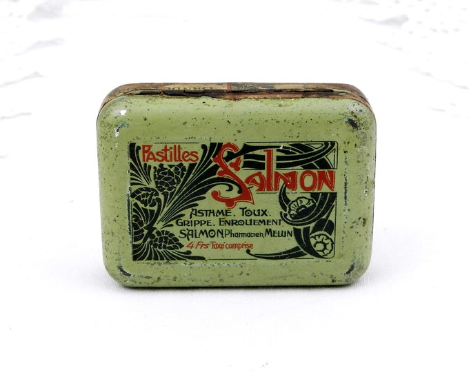 Antique French Pale Green Lithographed Art Nouveau "Pastilles Salmon" Medical Candy Metal Box, Apothecary Tin from France, Brocante Decor