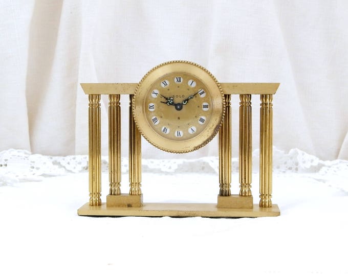 Working Vintage Mid Century Gold 1950s Rare French Mechanical Ornate Alarm Clock Solo, Made in France, Unusual Wind-up Metal Bedside Clock