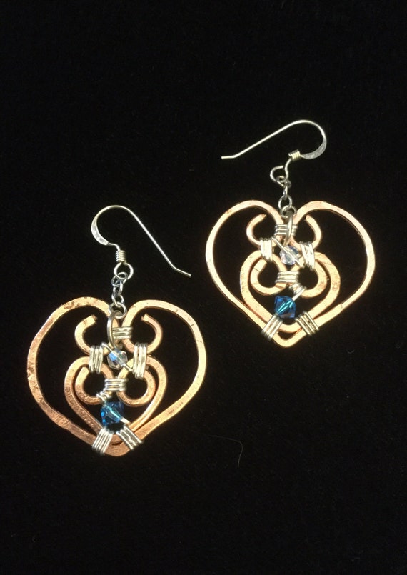 heart earrings sterling silver and copper earrings Hammered