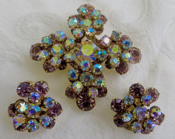 Juliana Rhinestone Cross Brooch Set, Clip Earrings, Aurora Borealis & Lavender Rhinestones, 1960s Jewelry