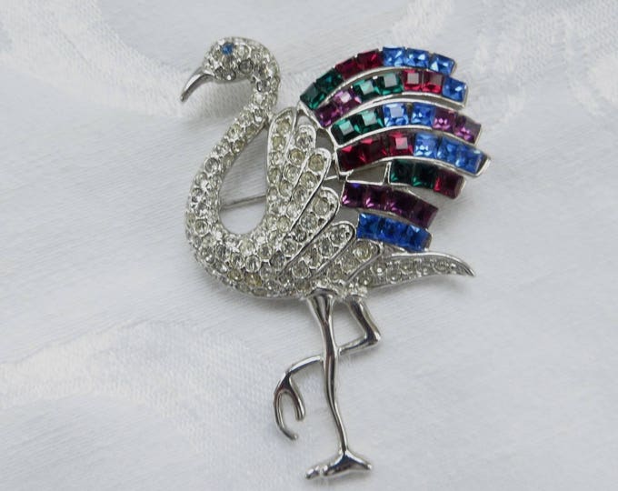 Vintage Flamingo Brooch Rhinestone Signed Duchess of Windsor Jewelry Replica