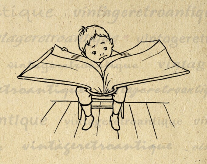 Small Boy Reading Big Book Image Graphic Digital Printable Download Vintage Clip Art Jpg Png Eps HQ 300dpi No.3227