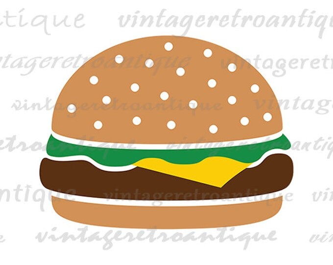 Hamburger Printable Image Digital Graphic Cheeseburger Color Illustration Download Antique Clip Art HQ 300dpi No.4028