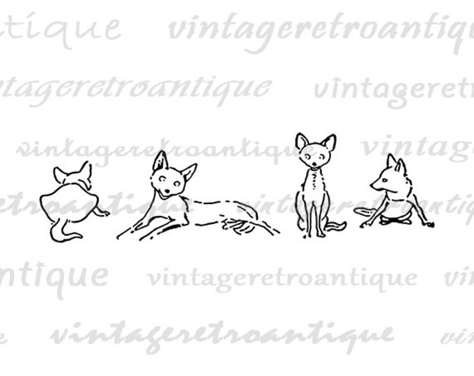 Digital Printable Four Foxes Download Cute Illustration Graphic Image Vintage Clip Art Jpg Png Eps HQ 300dpi No.890