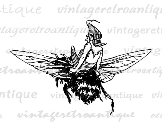 Elf Riding Bumblebee Graphic Printable Download Fairy Bee Digital Image Vintage Clip Art Jpg Png Eps HQ 300dpi No.1745