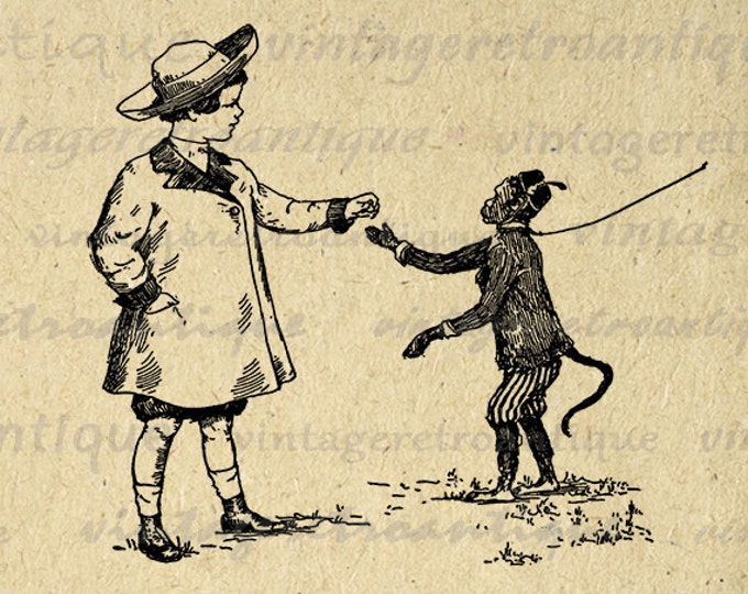 Girl with Monkey Antique Digital Graphic Download Cute Printable Image Vintage Clip Art Jpg Png Eps HQ 300dpi No.301