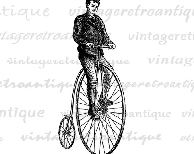 Printable High Wheel Bicyclist Image Digital Velocipede Bicycle Graphic Download Vintage Clip Art Jpg Png Eps HQ 300dpi No.4157