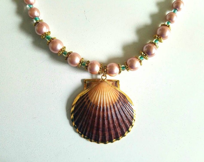 Pink Gold and Teal Beaded Seashell Necklace
