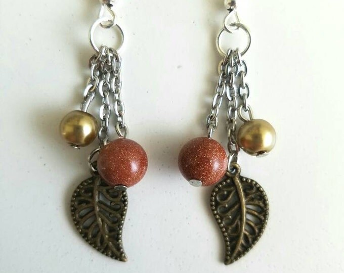 Brown Gold Leaf Boho Chain Dangle Earrings